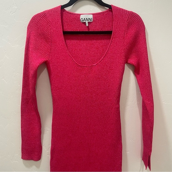 EUC Ganni Marled Ribbed Knit Midi Dress Fuchsia Pink Long Sleeve Stretch Small - Picture 6 of 16